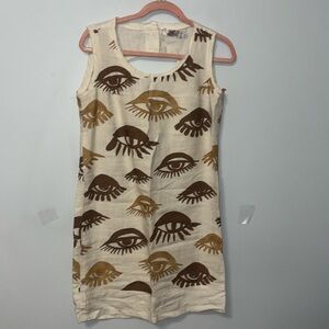 AB NAHILK Sleeveless Linen Dress Midi Triangle Keyhole EYES Cream Sz 10